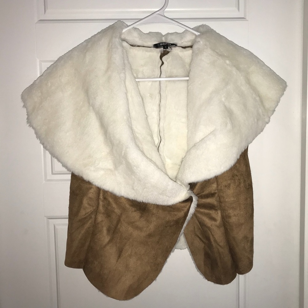 Faux Suede Camel and White Fur Lined Vest